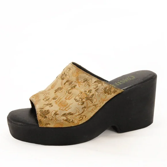 Vintage 90s Coaster Asian Floral Inspired Satin Platform Wedge Sandal Shoes - Picture 7 of 8